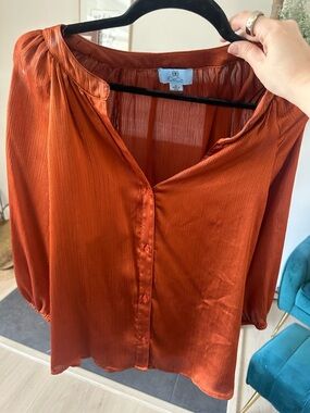 CeCe Burnt Orange Satin Button-Front Blouse